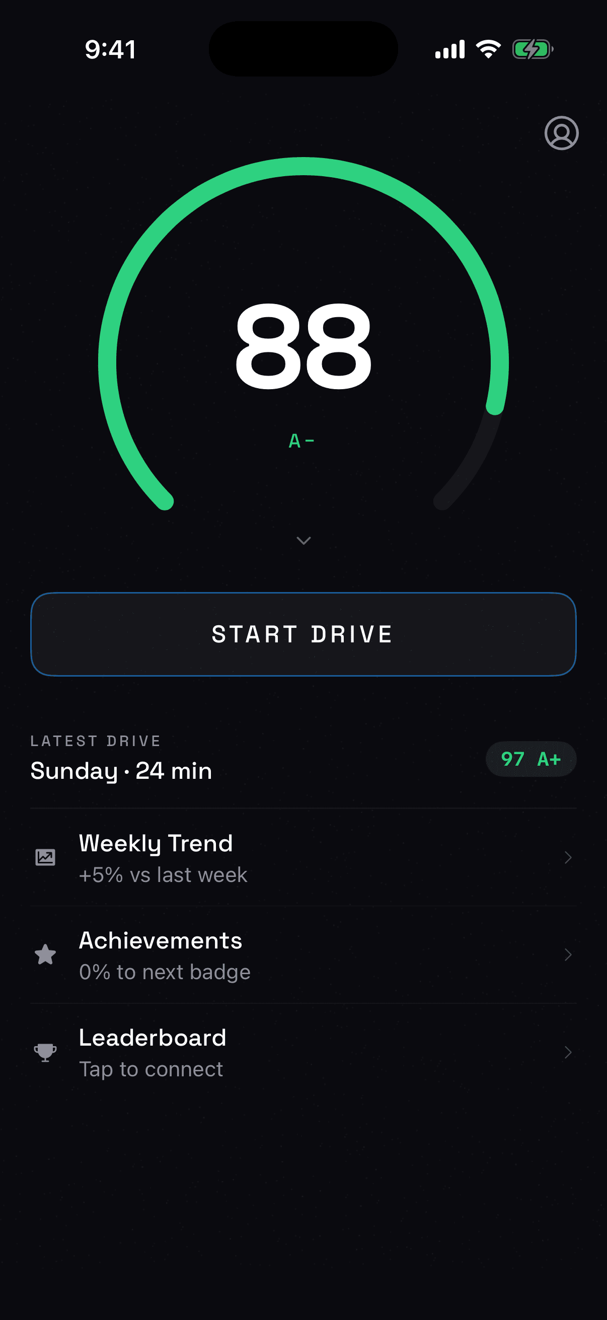 Drive app home screen showing a drive score of 88, graded A minus, above a Start Drive button